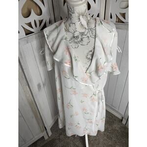 Vintage Frederique Robe Delicate Floral White Pink Tie Arms Size Large / XL